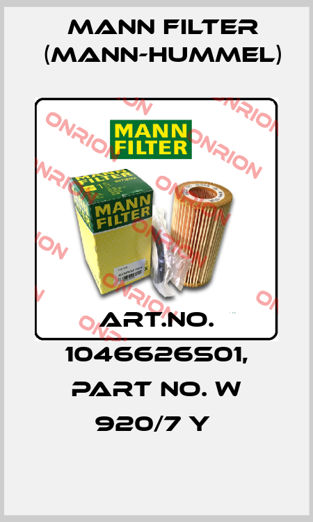 Art.No. 1046626S01, Part No. W 920/7 y  Mann Filter (Mann-Hummel)