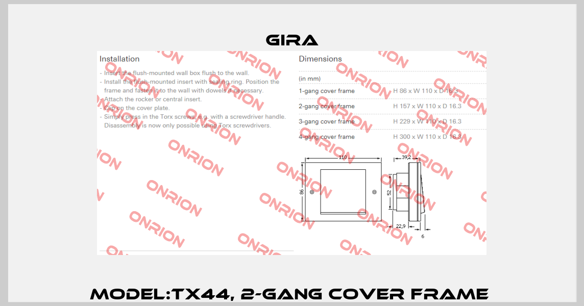 Model:TX44, 2-gang cover frame  Gira