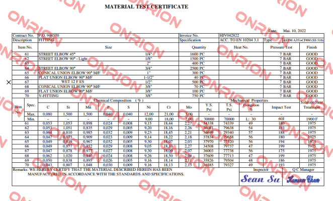 Inspection certificate 3.1 Landefeld